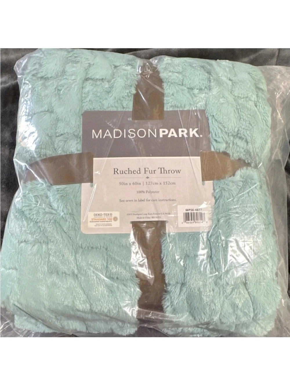 Madison Park Ruched Faux Fur Throw Blanket Teal 50x60 Polyester OEKO-TEX